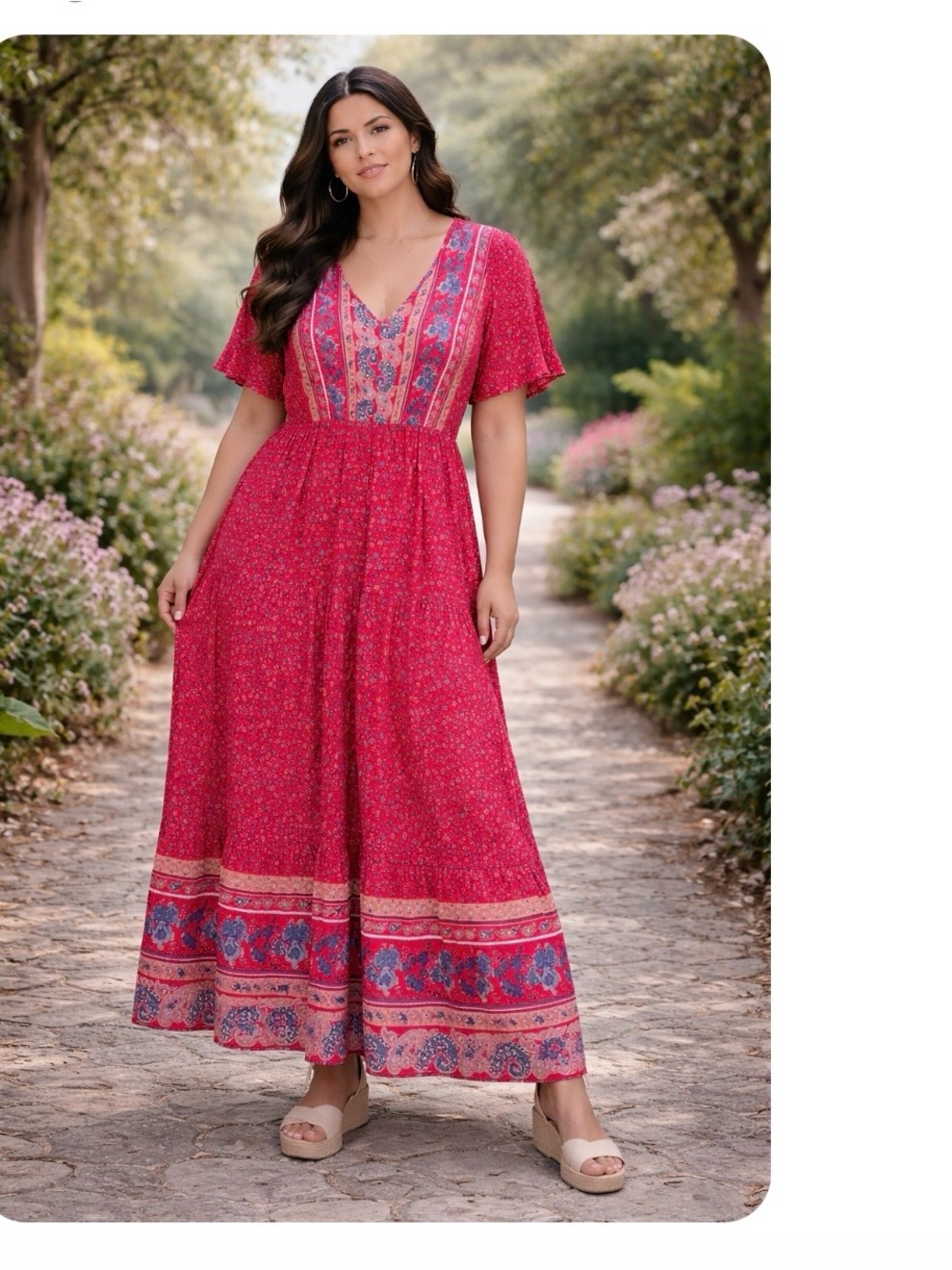 Floral Border V-Neck Maxi Dress in Bright Pink
